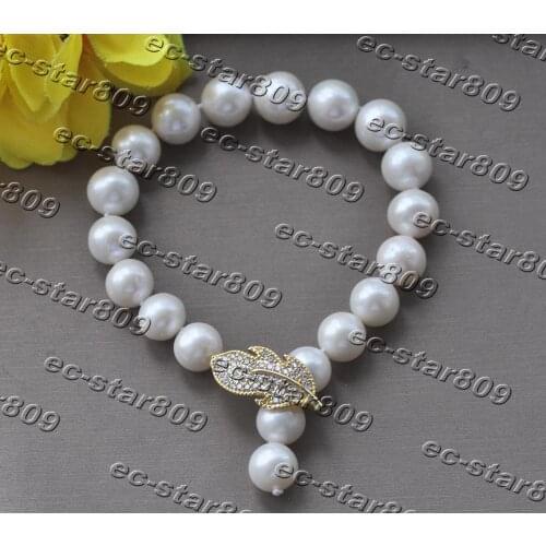 Z11343 6"~8" 11mm Round White Freshwater Pearl Bracelet Leaves CZ Women Fine Jewelry