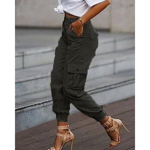 2020 New Fashion Women Elegant Solid Pockets Design Casual Cargo Pants Lady Oversized Plus Size Pockets Design Pants