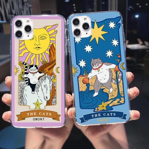 Cat Tarot Card Star Moon Sun Phone Case for iPhone 12 Pro Max 11 Pro Max XS SE 2020 XR X 7 8 6s Plus 12mini Soft silicone Cover