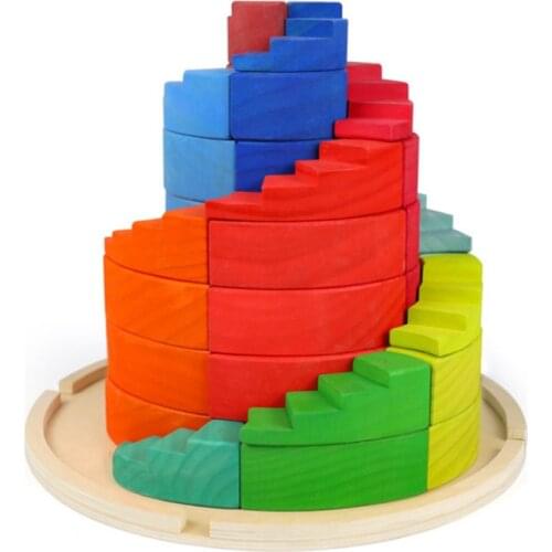 Children Crafts Wooden Rainbow Spiral Staircase Creative Assembling Building Blocks Color Cognition Parent-child Interactive Toy
