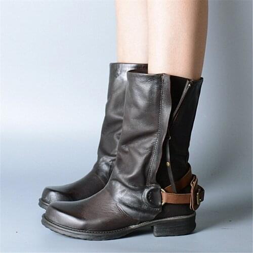 Women Ankle Boots Genuine Leather Double Zipper Flat Booties Straps Autumn Botas Militares Platform Rubber Riding Boot