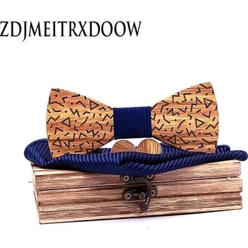New Design Zebra Wood Men Tie Classic Business Wooden Bow Tie Handkerchif Cuff Set Suit For Wedding Necktie Factory Sale T219