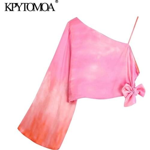 KPYTOMOA Women 2021 Fashion With Bow Tied Tie-Dye Asymmetric Crop Blouses Vintage Long Sleeve Side Zipper Female Shirts Chic Top