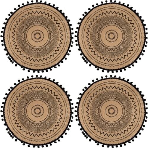 Round Placemat 15 Inch,4Pcs Jute Fringe Table Mats with Pompom Tassel Place Mat for Dining Room Kitchen Table Decor