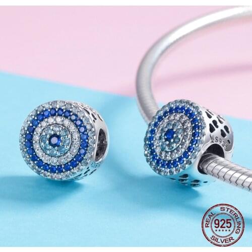 Magic Eye Blue Zircon Round Charm fit Original 925 Sterling Silver 3MM Bracelet Beads Woman Necklace Pendant Jewelry Gift