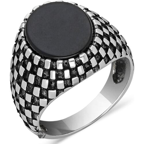 Solid 925 Sterling Silver Chekers Design Flat Onyx Stone Mens Ring