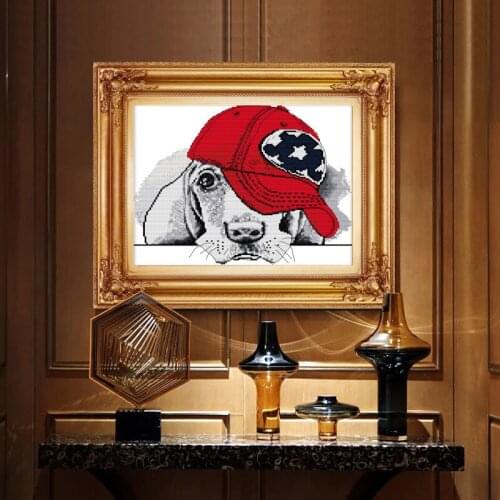 A dog with a red cap Cross Stitch Kits Cute Printed pattern canvas Bedroom Embroidery Needlework set Cross-stitch Home Decor