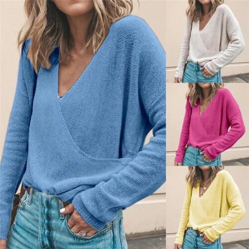 New Sexy Deep V Neck Woman Sweaters Knitted Pull Femme Autumn Winter Long Sleeve Pullover Women Sweter Solid Cross Sweater Women