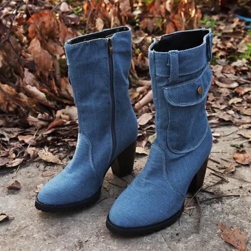 New Denim Women Boots Mid Calf Autumn Winter Chunky High Heels Platform Martin Boots Fashion Jean Female Western Boots Big Size