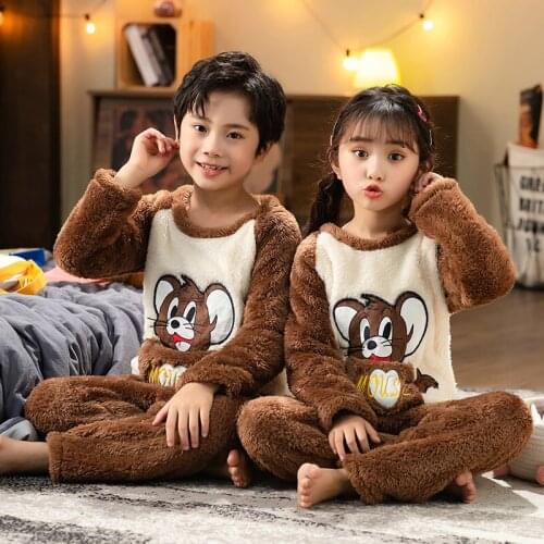 New Pullover Autumn Winter Children Pajamas Long Sleeve Sleepwear Kids Plush Girl Warm Clothes Suit Lovely Pyjamas Boy Nightwear