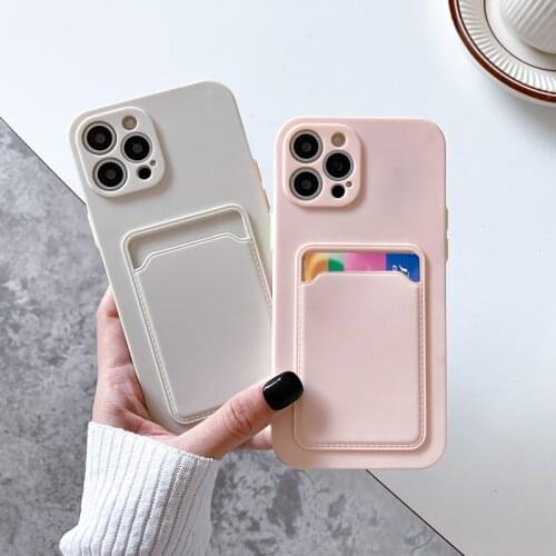 Solid Color Card Slot Phone Case For iPhone 11 Pro 12 Pro Max Mini X XR XS Max 7 8 Plus Liquid Silicon Shockproof Soft TPU Cover