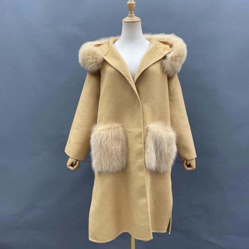 New Womens Loose Pocket Wool Overcoat High Quality Wool Coat Double Faced Wool Hooded Coat