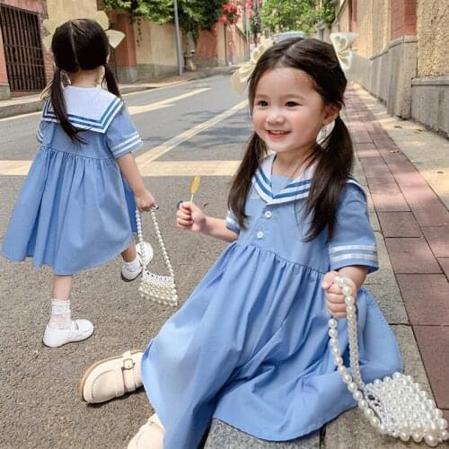 Girls Dress 2021 Summer New Cute Girls College Wind Navy Collar Princess Costume Party Vestidos 2-7 Year Casual Child Clothing