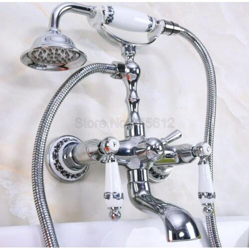 Polished Chrome Bathtub Faucets Hand Rain Shower Head Tap Luxury Ceramic Telephone Wall Bath Faucet tna207