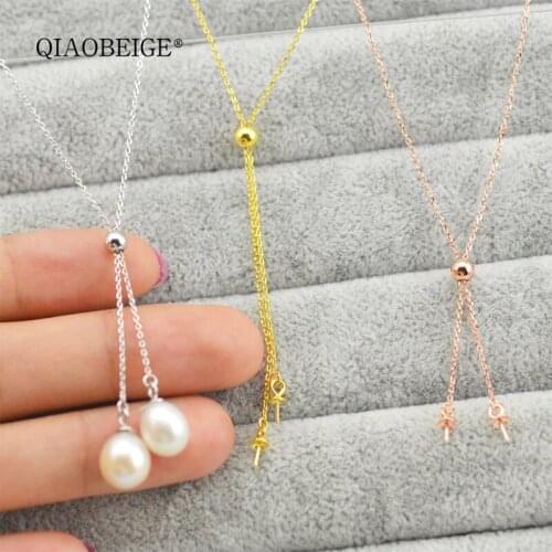 QIAOBEIGE Hot Sale Real 925 Sterling Silver Chains Adjustable Necklaces diy Accessory two pearls tassel Charm Luxury 925 Jewelry