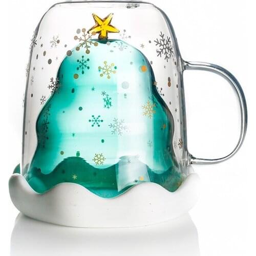 Christmas Gift Double Layer Anti Scald Glass Christmas Tree Starry Sky Coffee Mug Thermal Insulation Breakfast Milk Cup Tumbler