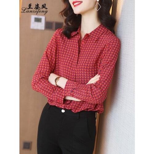 Printed red silk shirt womens long-sleeved high-end 2021 spring new simple and light mature all-match mulberry silk top
