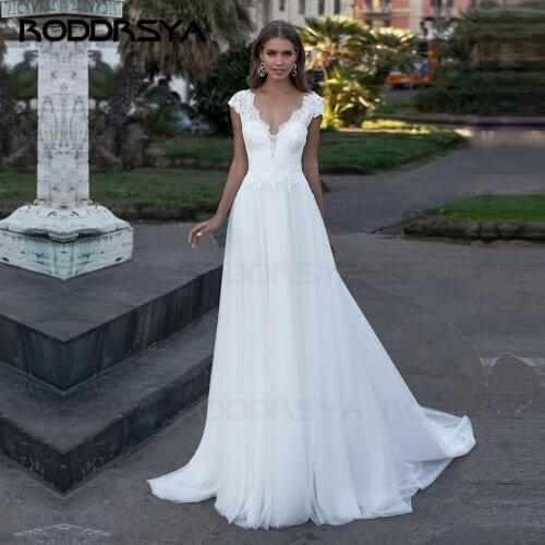 RODDRSYA Wedding Dress V-Neck Cap Sleeve A Line Boho Simple Bridal Gowns Lace vestido de noiva 2020 Elegant Bride Dresses