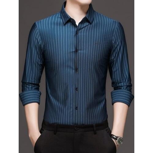 High Quality Dark Blue Pinestriped Work Shirt Mens Classic Business Social Clothing Large Sizes Comfortable Office Blouses Black