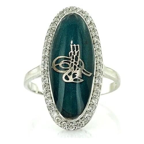 Green Cabochons Tuğra Processing Silver Lady Ring