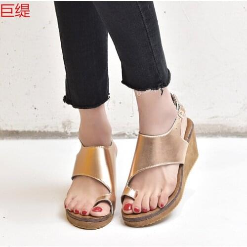 Women sandals PU Slip On 3-5CM Wedges High Heels Round Toe waterproof Shallow women shoes sandalias mujer 2020 size 35-42 black