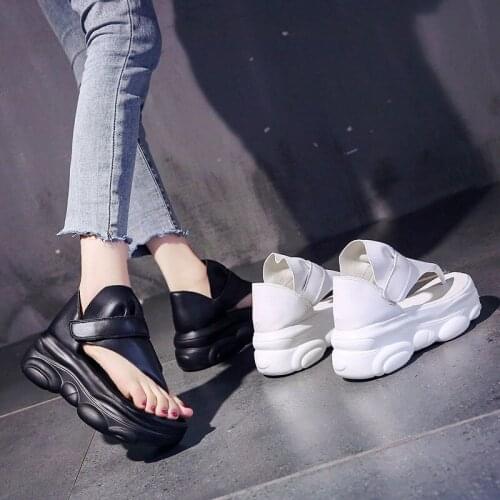 2021 Summer Leather Women Sandals Platform 6.5CM Wedge Heels Shoes Comfortable Outside Flip-Flops White Sneakers Beach Shoes