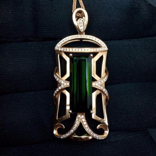 Fine Jewelry Real 18 K Rose Gold 100% Natural Green Tourmaline 8.5ct Female Diamonds Gemstone Diamond Womens Pendants Necklaces