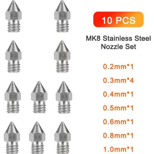 10PCS MK8 Nozzle M6 Threaded Stainless Steel For 1.75mm Filament Creality 3D Printer CR-10 Ender 3 Nozzle Optional