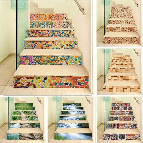 6pcs 3d Wood Pattern Stair Steps Sticker Tile Removable Self Adhesive PVC Stair Wallpaper Landscape Staircase Stairway Home