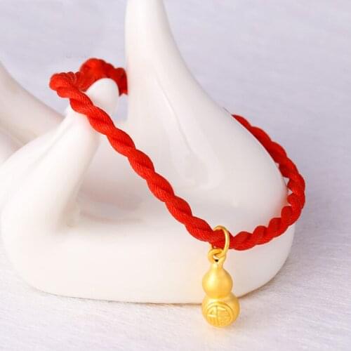 Pure 24K Yellow Gold Bracelet 3D Gourd Red String Bracelet