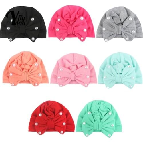 Yundfly 18*12 CM Comfortable Warm Cotton Infant Hats Solid Color Handmade Beads Bowknot Baby Caps Cute Bows Headwear Kids Gifts