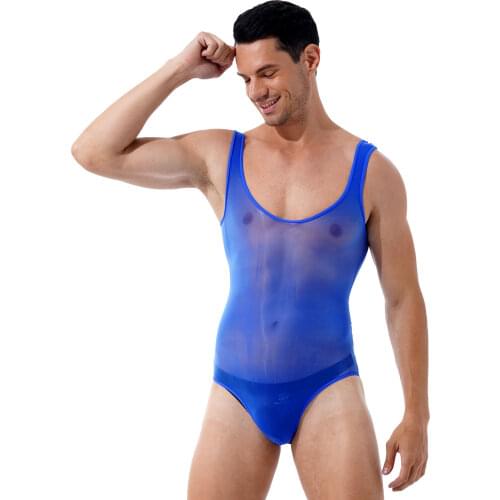 Breathable Men Lingerie Bodysuit Sleepwear Glossy Scoop Neck Sleeveless Underwear See-through Leotard Party Honeymoon Clothing