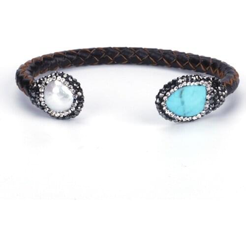 Rough Freshwater Pearl Turquoises Stone Bead Charm Dark Brown Real Leather Wrap Adjustable Open Bracelet Cuff Bangle for Women
