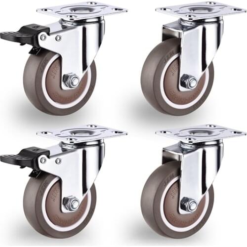 4Pcs 3 inch TPR Swivel Caster Wheels Heavy Duty with Safety Dual Casters, with Brake No Noise Lockable Wheels