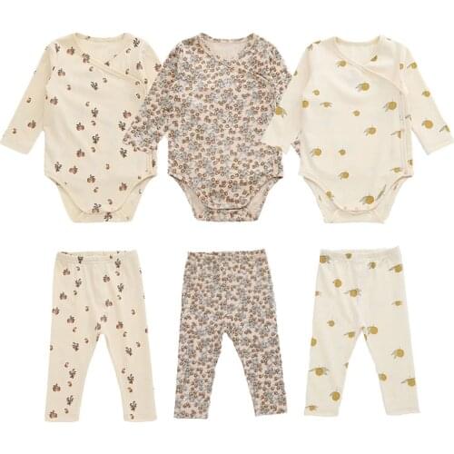 Baby Long Sleeve Romper + Pants Sets Organic Cotton New Born Cherry Lemon Floral Brand Newborn Baby Boy Girl Clothing