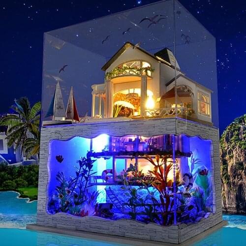 Diy Miniature Dollhouse Kit Big House Sea Villa Wooden Doll House Furniture Room Box With Music Toys For Children Birthday Gift