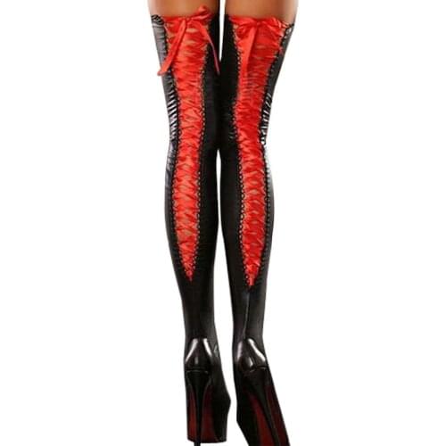 New hot Erotic Fetish Clubwear Costumes lady imitation leather Lace Stockings Sexy wetlook black silver Bodystocking Lingerie