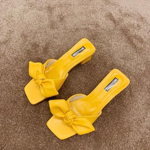 Summer Womens Slippers 2021 Fashion Soft Mid-heel Bowknot Student Sandals Thick-heeled Outer Wear Square Toe Ladies Sandals