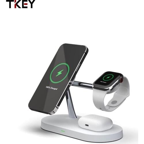TKEY 5 in 1 Magnetic Wireless Fast Charger Holder For iPhone 12 Apple Watch Airpods 15W Quick Charging With LED Light Desktop