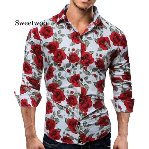 Mens Long Sleeve Casual Shirts Fashion Rose Flower 3D Print Floral Shirt Turn-down Collar Slim Fit Shirt Mens Clothing