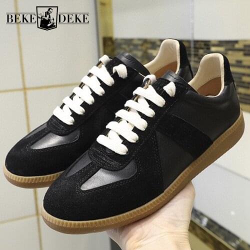 2021 Vintage Graffiti Casual Flat Shoes Mens Genuine Leather Sneakers Patchwork Lace-Up Trainers Autumn Black Active Shoes Male