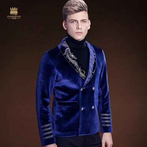 FANZHUAN New winter mens male man dress jacket singer DJ stage Club bar Nightclub wedding banquet embroidery blue blazer 710203