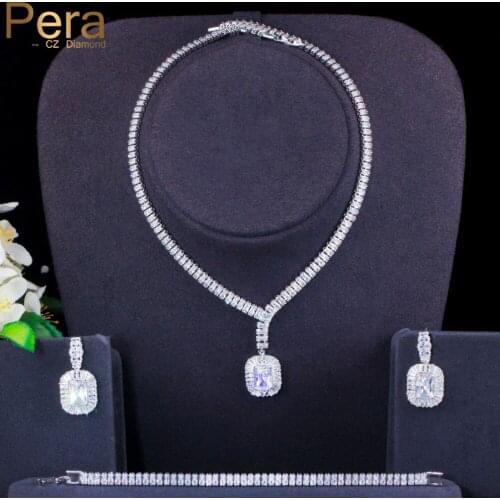 Pera Classic 3Pcs Engagement Wedding Party Square Crystal Jewelry Set Women Necklace Earrings Bracelet Jewellry Accessories J413