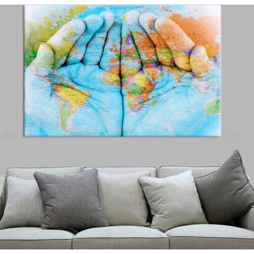 Blue Hand World Map canvas Painting Wall Pictures for Living Room bedroom Home Decor Cuadros Wall Art print Decorative Picture