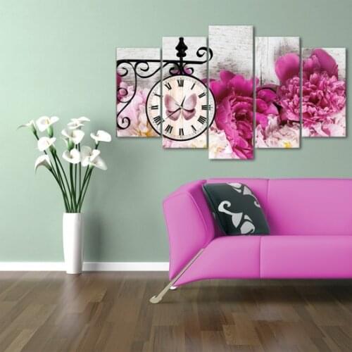 Özverler Pink Flower 5 Piece Clocks Canvas Table Wall clock