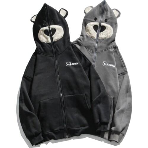 2020 new autumn / winter Plush Hoodedr casual men and women cartoon bear long sleeve embroidered couple cardigan