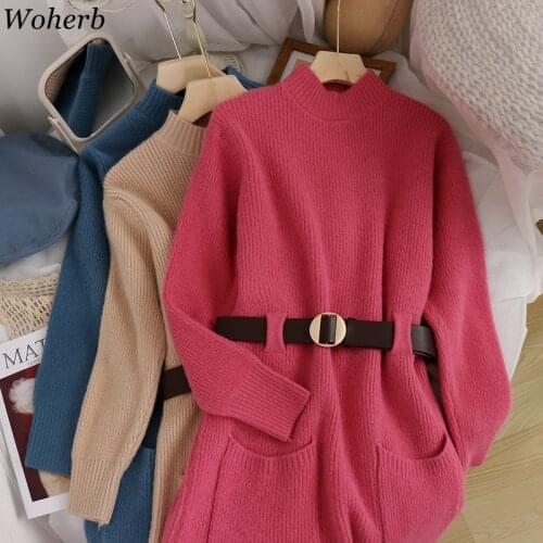 Woherb Chic Turtleneck Long Sweater Dress Women Autumn Winter Straight Sweater Dresses Belt Female Casual Loose Knit Dress Robe