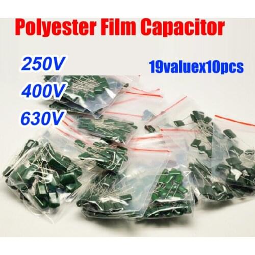 19valuesx10pcs=190pcs Polyester Film Capacitor 2E 2G 2J Assorted Kit 250V 400V 630V 2E103-2J822