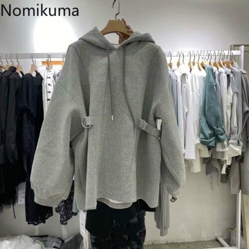 Nomikuma Causal Solid Hooded Women Hoodies 2020 Autumn Winter Fleece Sweatshirt Korean Slim Waist Hoody Coat Harajuku 6D480