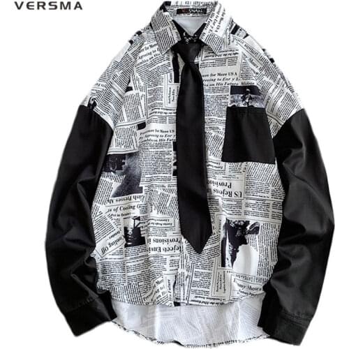 VERSMA Korean Style Vintage Blouse Newspaper Print Shirt Men Women Blouse Summer Gothic Clothes Hawaiian Shirt Men Dropshipping